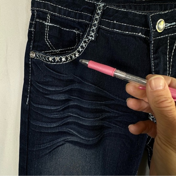 South Pole Dark Wash Rhinestone Bling Flap Pocket Heavy Stitch Bootcut Jeans - Picture 6 of 8